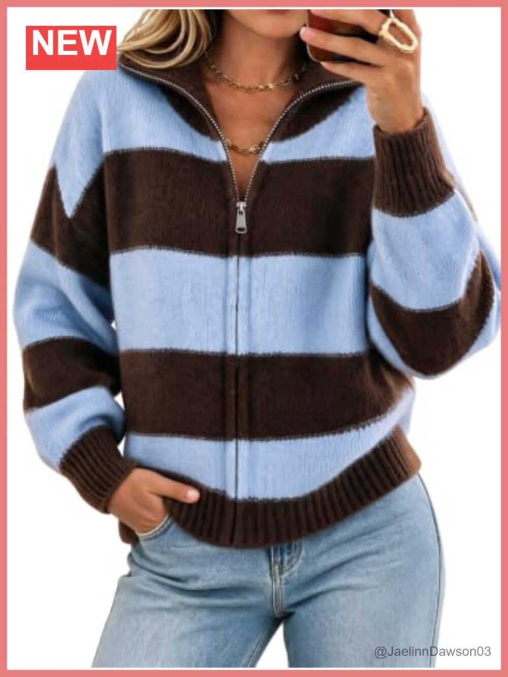 Women Striped Color Block Cardigan Zip Long Sleeve Knit Sweater